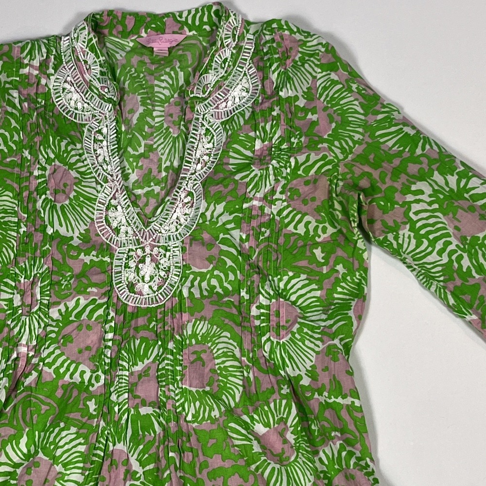 Lilly Pulitzer Sarasota Tunic Top Size Small Sunnyside Cabana Lion Beaded V-Neck